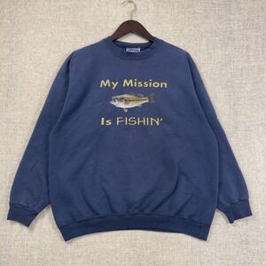 Vintage Fishing Sweatshirt Men's L Blue Graphic "My Mission Is Fishin'"